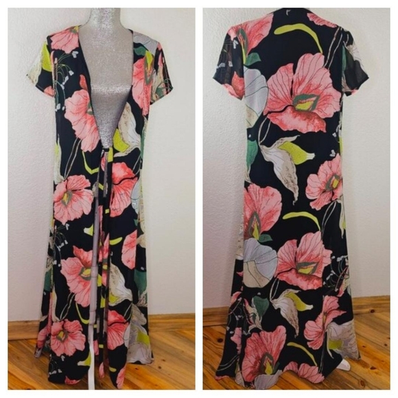 Catch Stitch Sweaters - Catch Stitch Floral Tie Front Long Duster